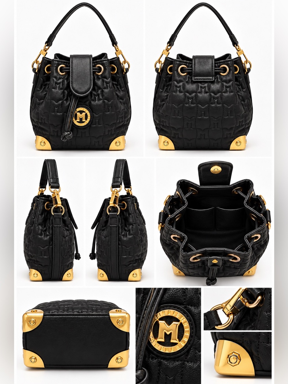 Black Quilted Drawstring Bucket Bag with Gold Hardware